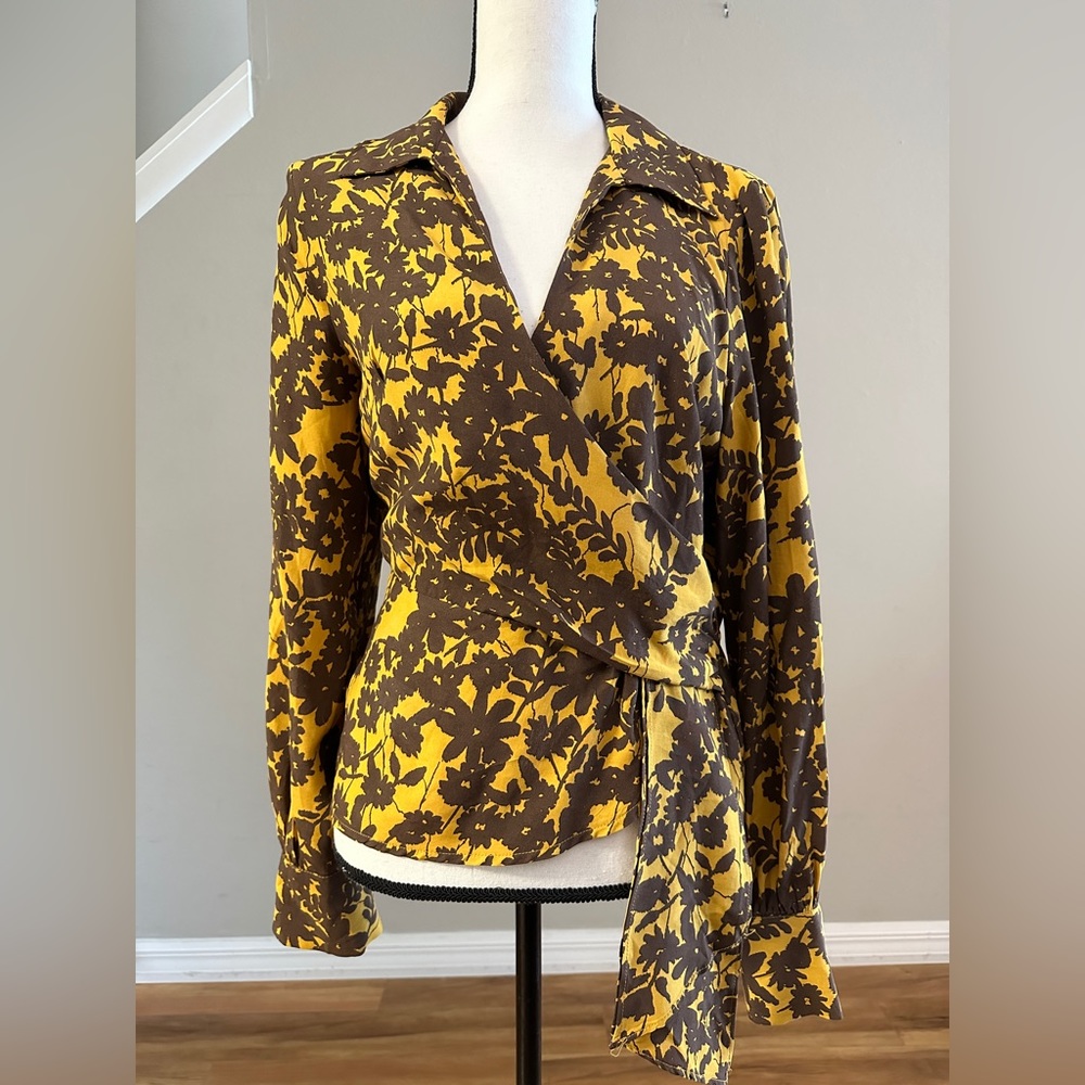 TopShop Floral Jacquard Top Yellow & Brown Blouse  - Size 8